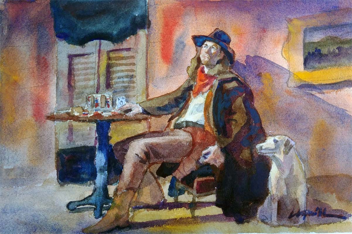 A watercolor portrait class painting of a man and his dog at a bar by Robert Sherrill Workshops