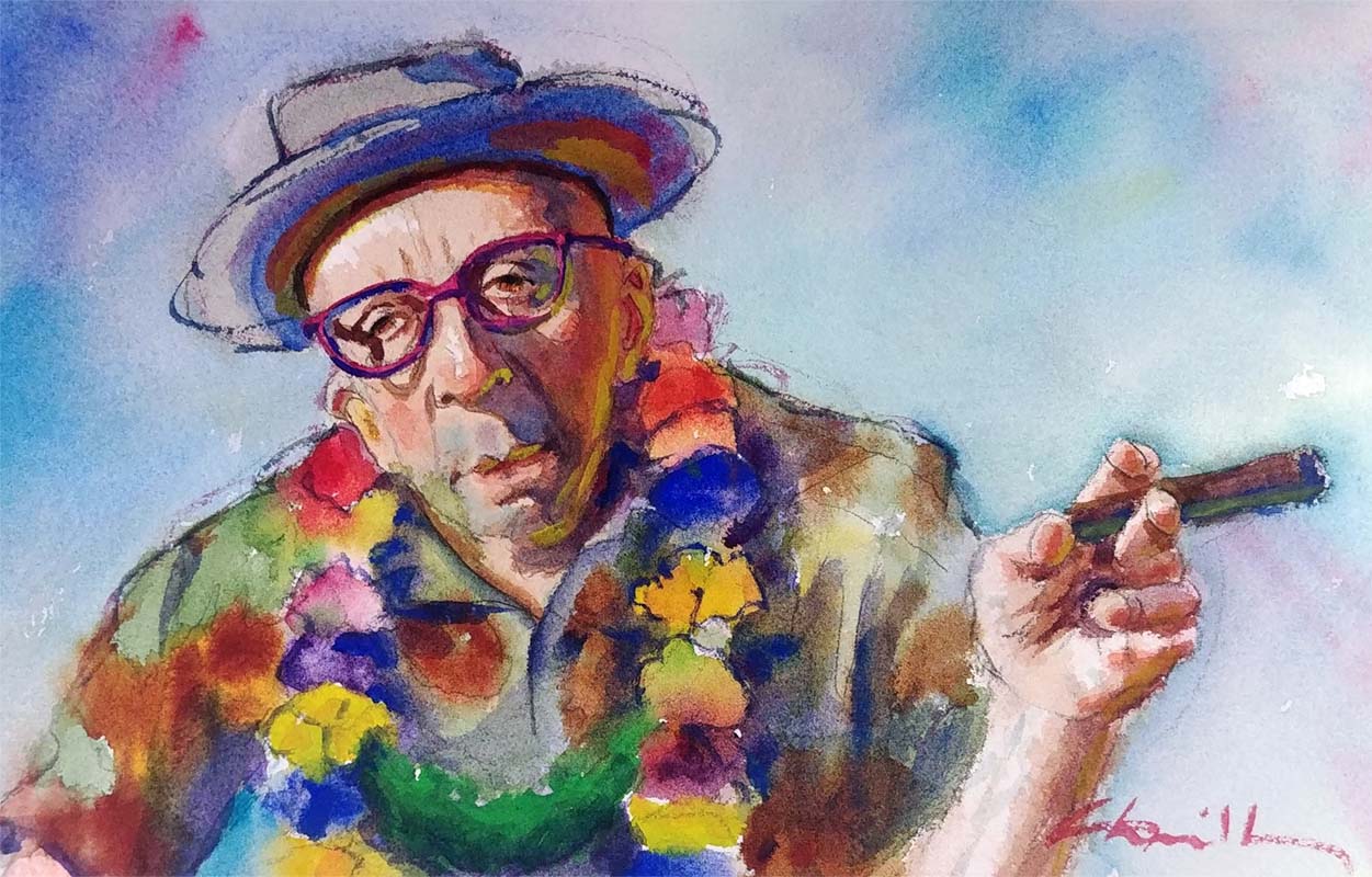 man with the cigar watercolor virtual live zoom portraits and people class painting lesson robert sherrill workshops