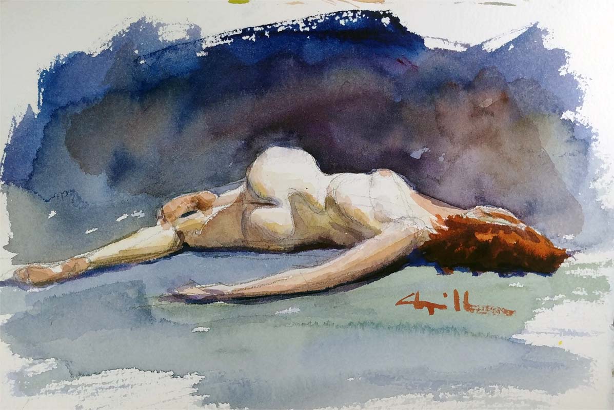 A watercolor portrait class painting of a nude woman laying down by Robert Sherrill Workshops
