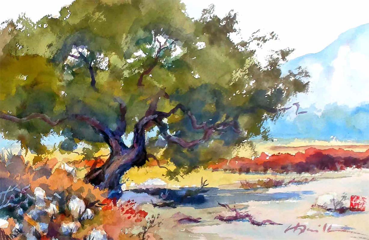 A watercolor landscapes class painting of an oak tree from imagination by Robert Sherrill Workshops