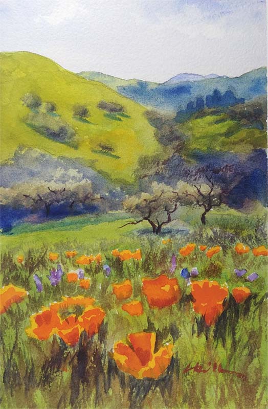 A watercolor landscapes class painting of oaks and poppies by Robert Sherrill Workshops