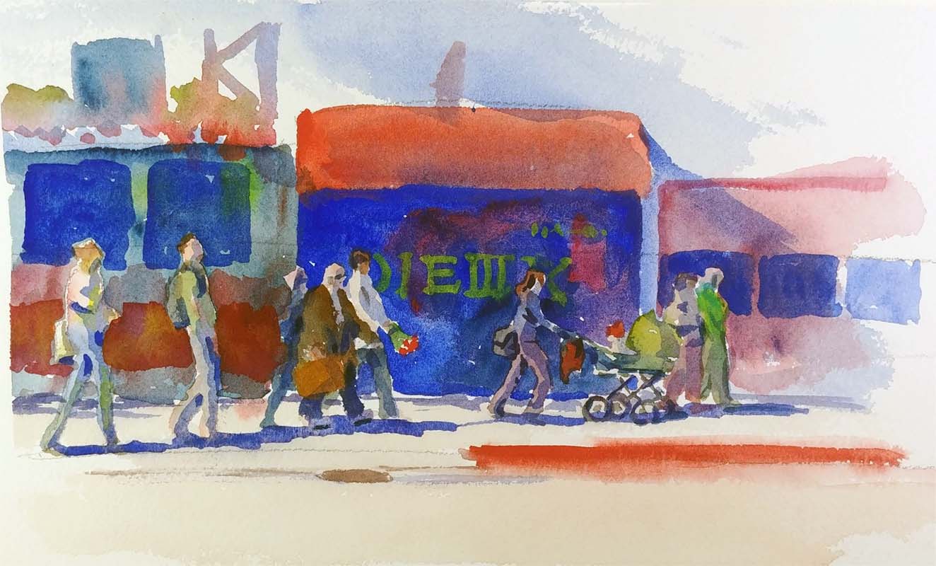 A watercolor portrait class painting of people walking on the sidewalk by Robert Sherrill Workshops