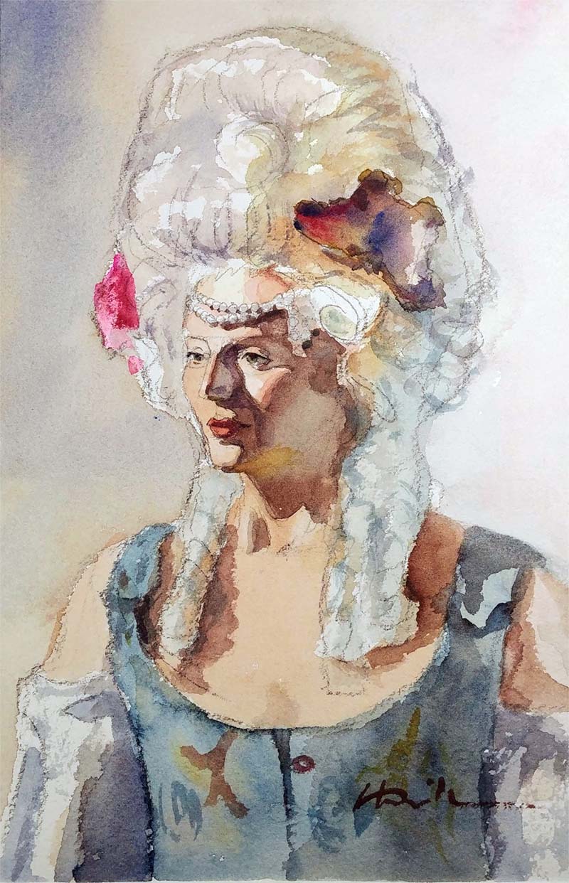 A watercolor portrait class painting of Marie Antoinette by Robert Sherrill Workshops