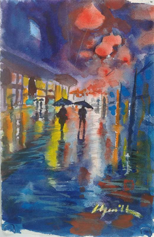 A watercolor landscapes class painting of people walking during a rainy night by Robert Sherrill Workshops