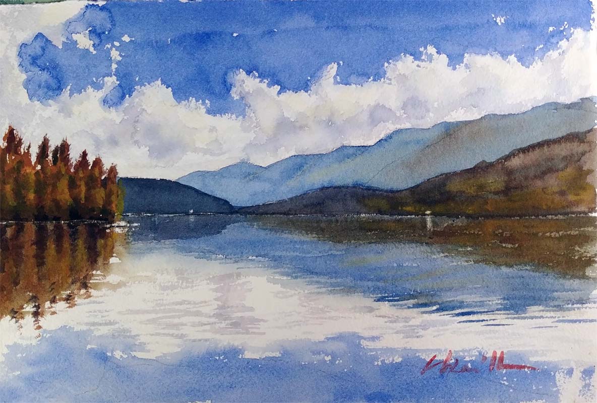 river reflection along mountain range watercolor landscape painting