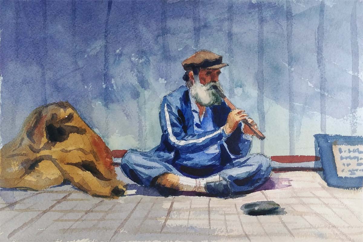 A watercolor portrait class painting of a man playing the flute on the sidewalk by Robert Sherrill Workshops