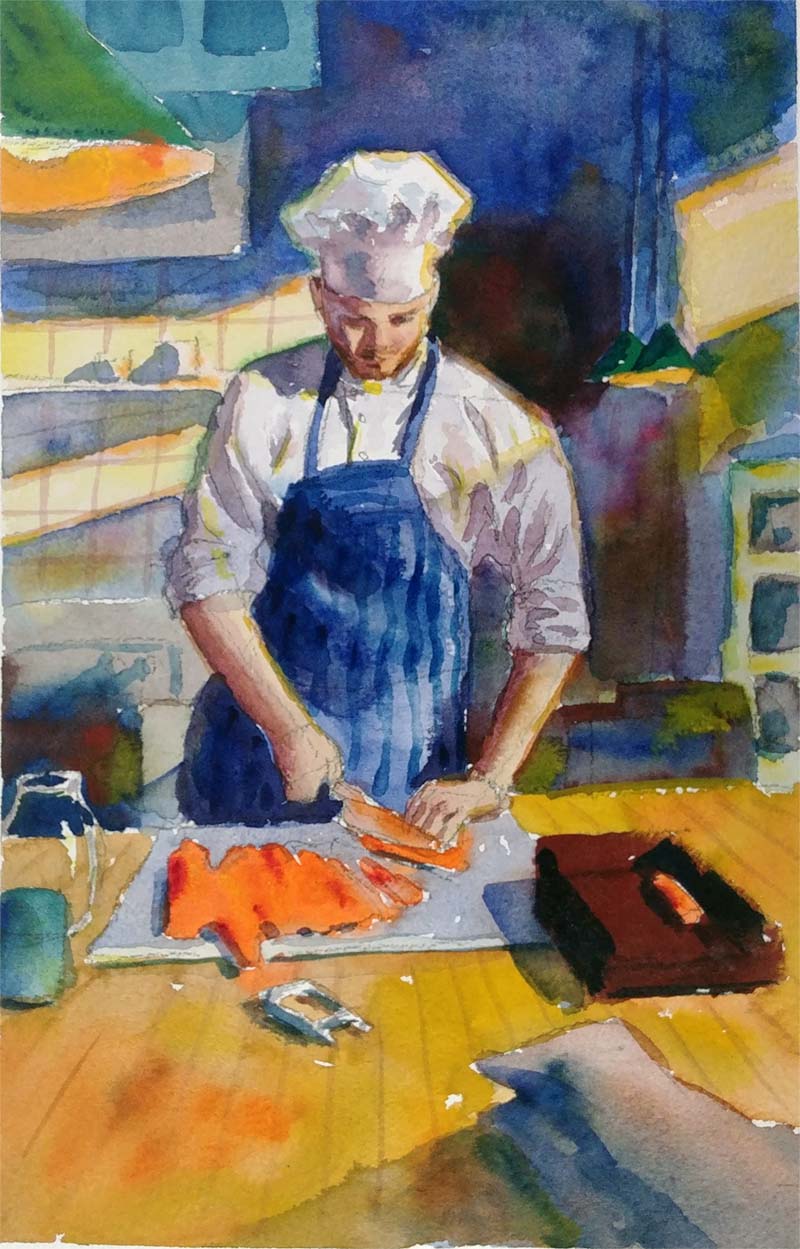 A watercolor portrait class painting of a chef by Robert Sherrill Workshops