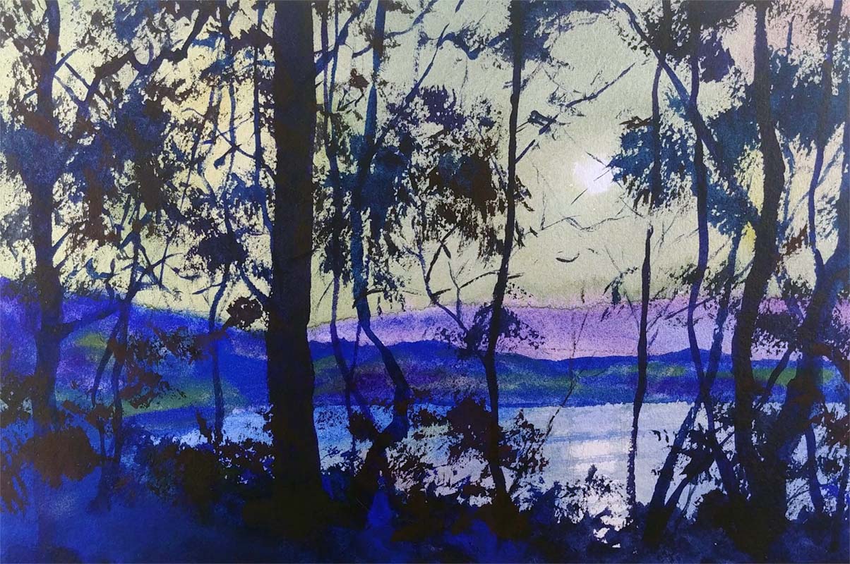 A watercolor landscapes class painting of a tree silhouettes at dusk by Robert Sherrill Workshops