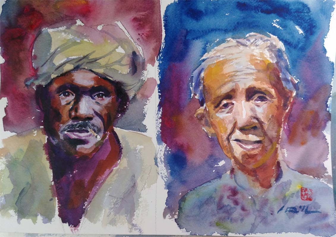 A watercolor portrait class painting of two older men by Robert Sherrill Workshops
