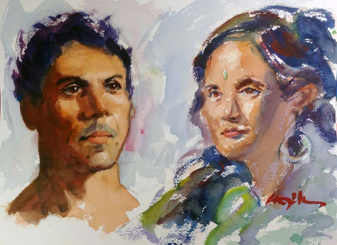 A watercolor portrait class painting of a man and a woman by Robert Sherrill Workshops
