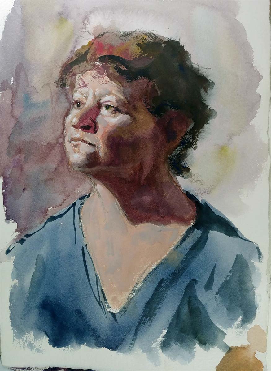 A watercolor portrait class painting of a woman with dark hair by Robert Sherrill Workshops