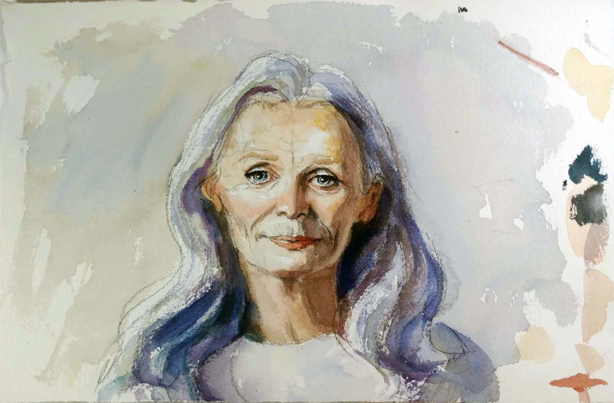 A watercolor portrait class painting of a woman with grey hair by Robert Sherrill Workshops