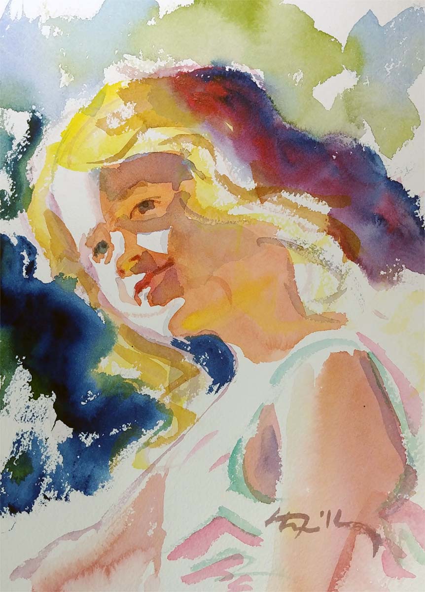 A watercolor portrait class painting of a young girl basking in the sunshine by Robert Sherrill Workshops