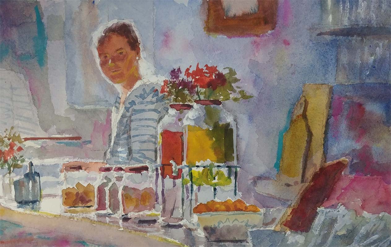 A watercolor portrait class painting of a woman inside a flower shop by Robert Sherrill Workshops