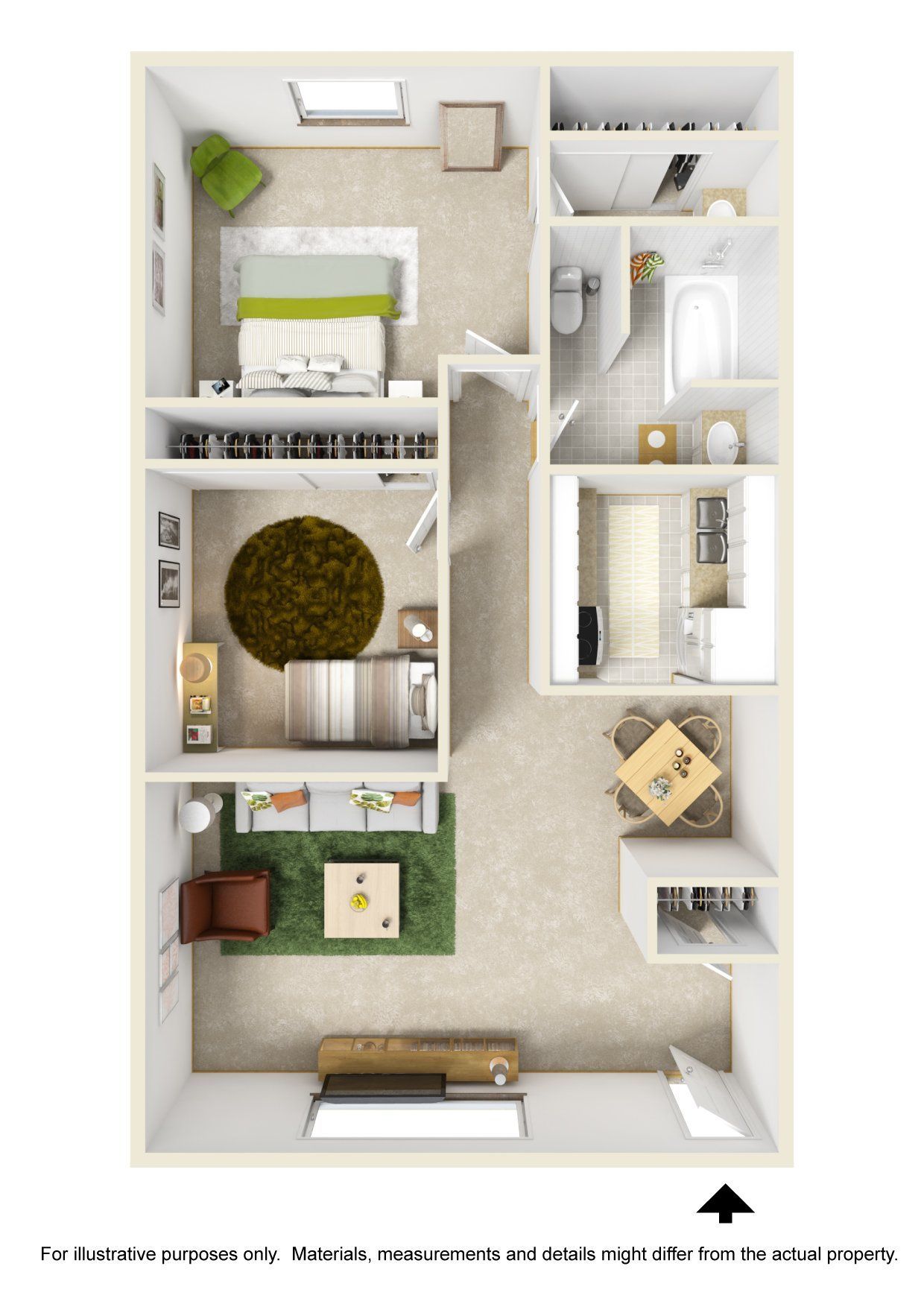 A 3d floor plan of a small apartment with a bedroom , living room , dining room , and bathroom.
