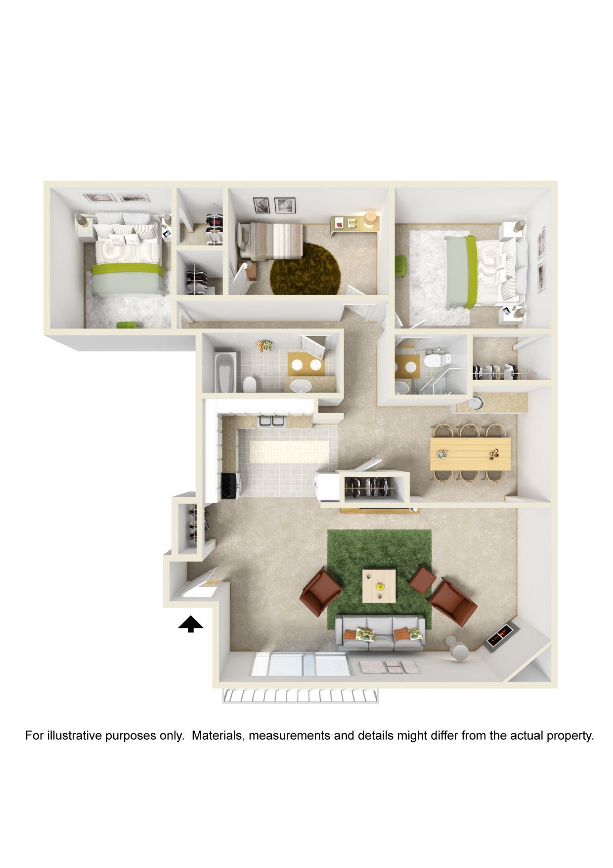 A 3d floor plan of a house with a living room , dining room , and bedrooms.