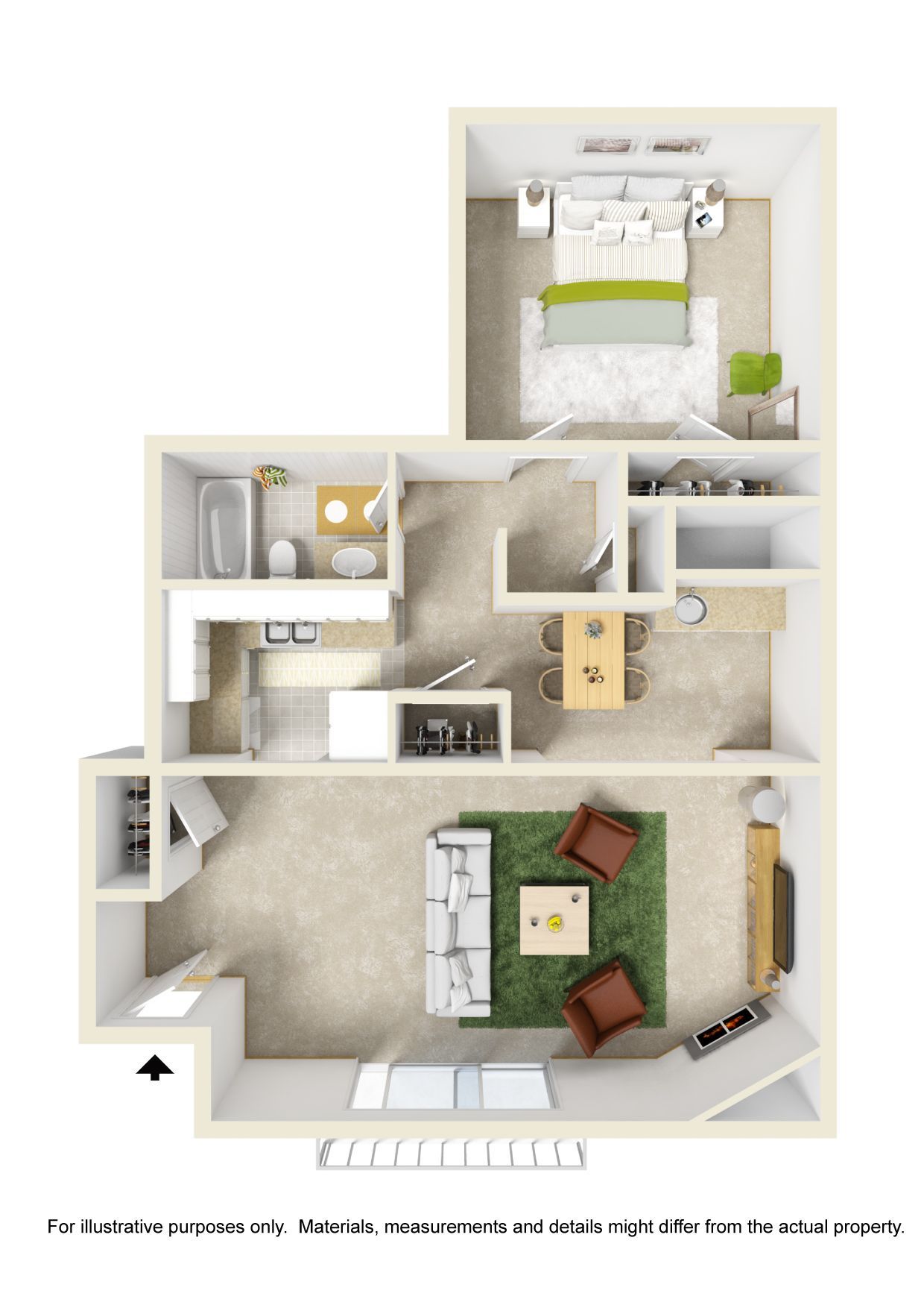 A 3d floor plan of a house with a bedroom , living room , dining room , and kitchen.