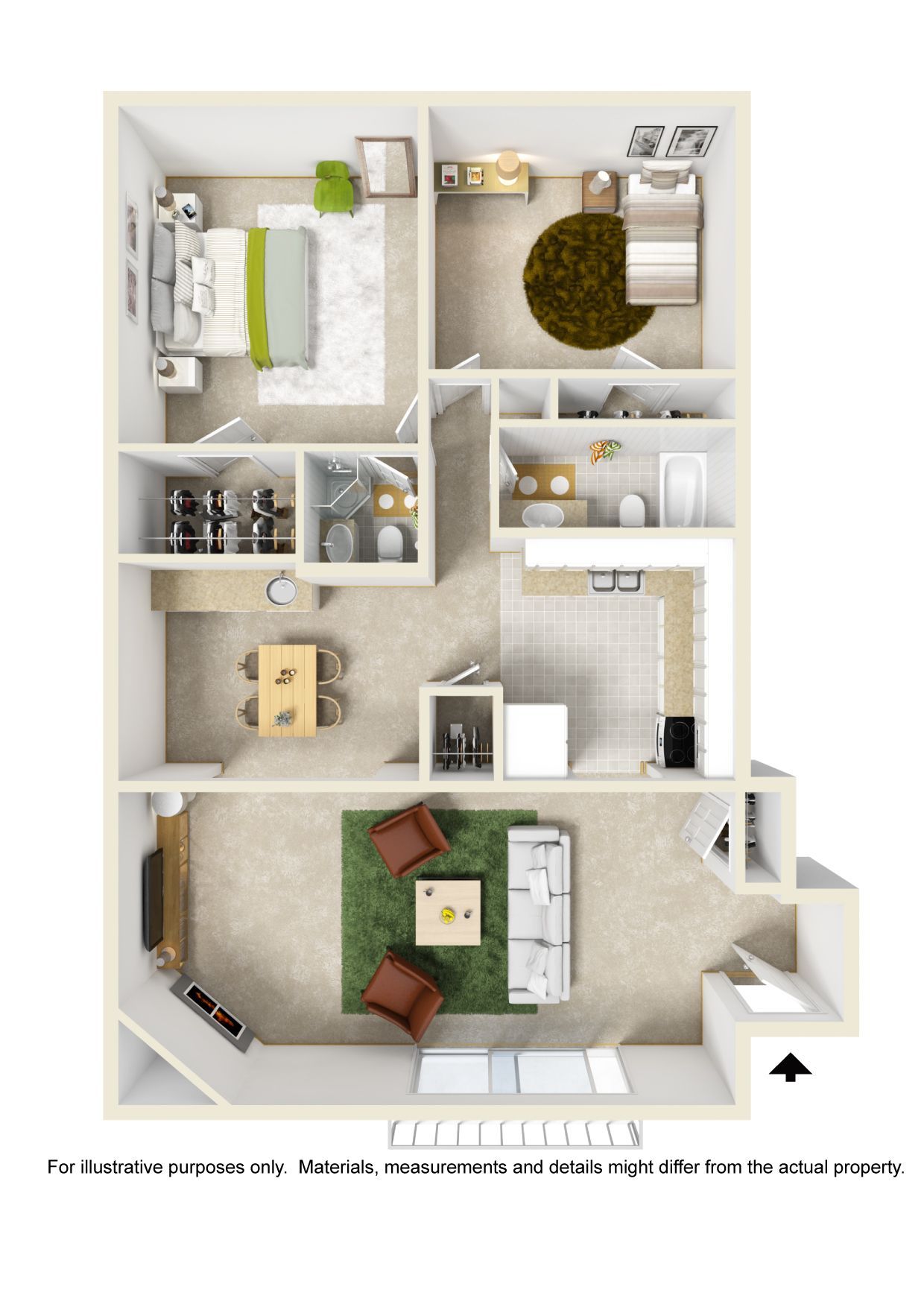 A 3d floor plan of a house with two bedrooms and a living room.