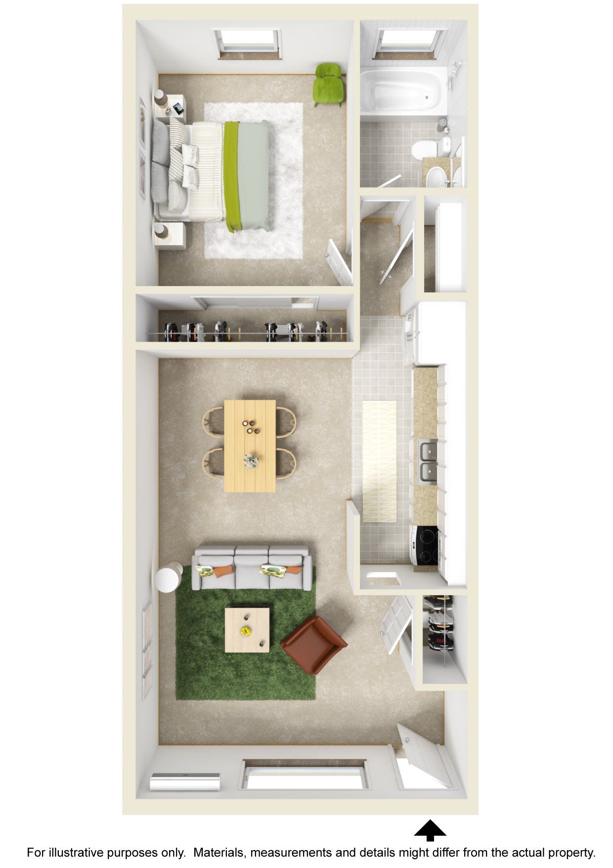 A 3d floor plan of a small apartment with a bedroom , living room , dining room , and kitchen.