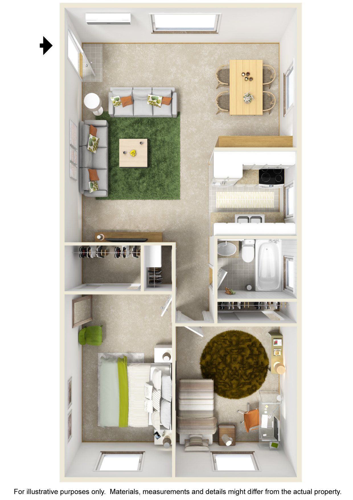 A 3d floor plan of a house with a bedroom , living room , dining room , and bathroom.