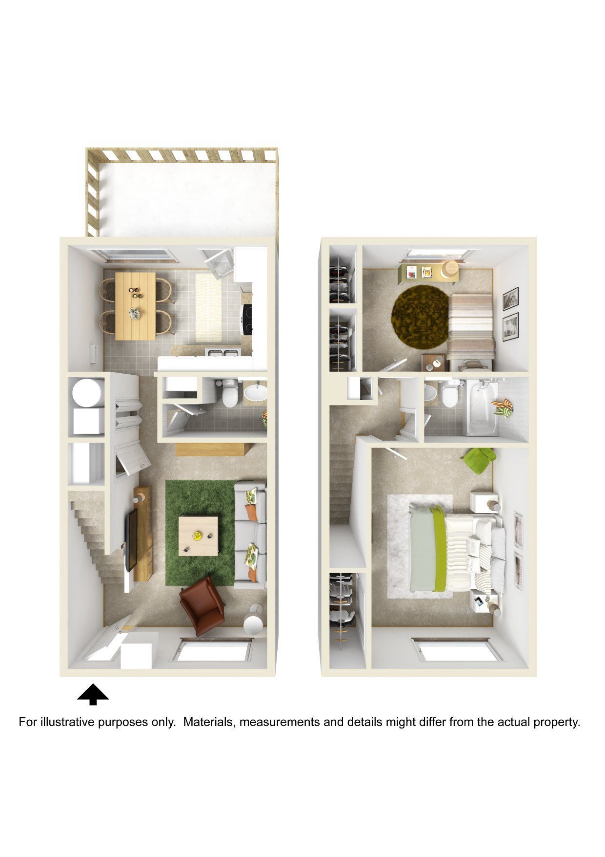 A 3d floor plan of a house with a balcony.