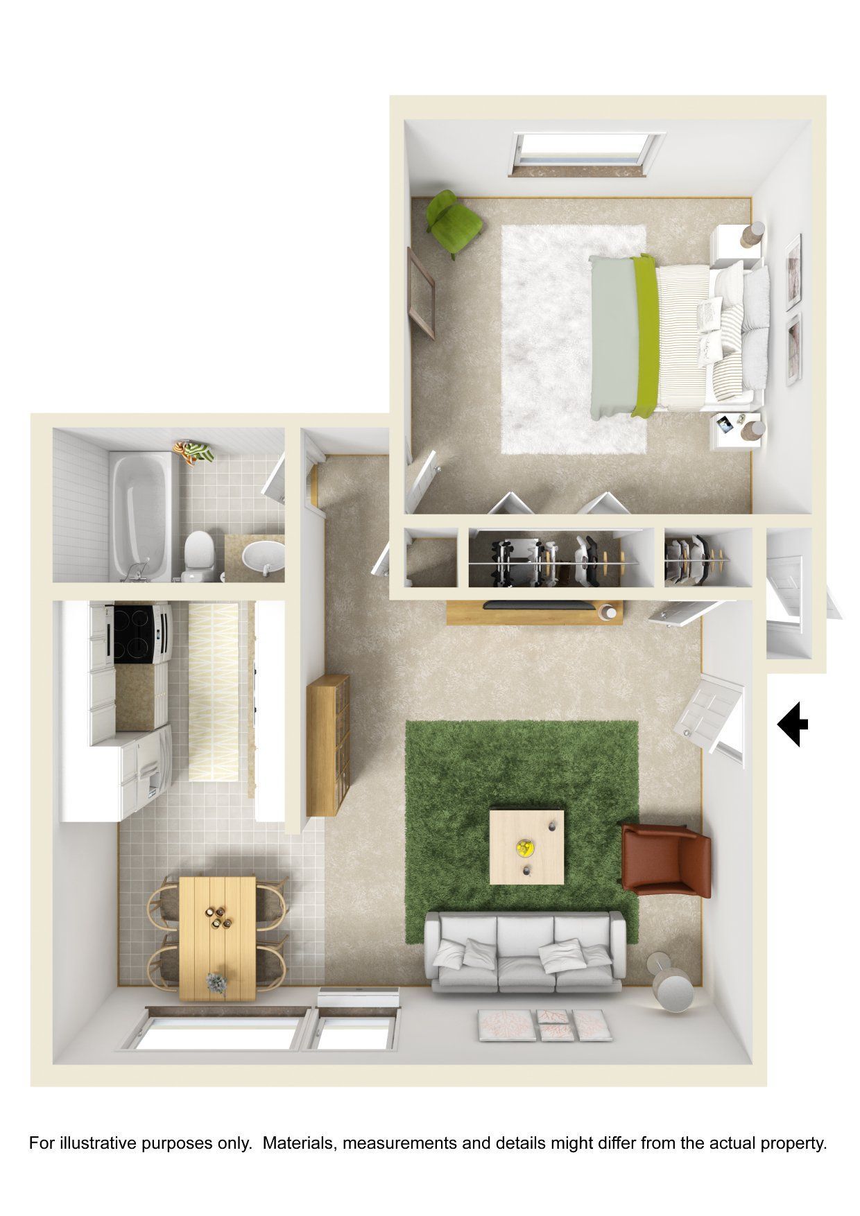 A 3d floor plan of a small apartment with a bedroom , living room , dining room , and bathroom.