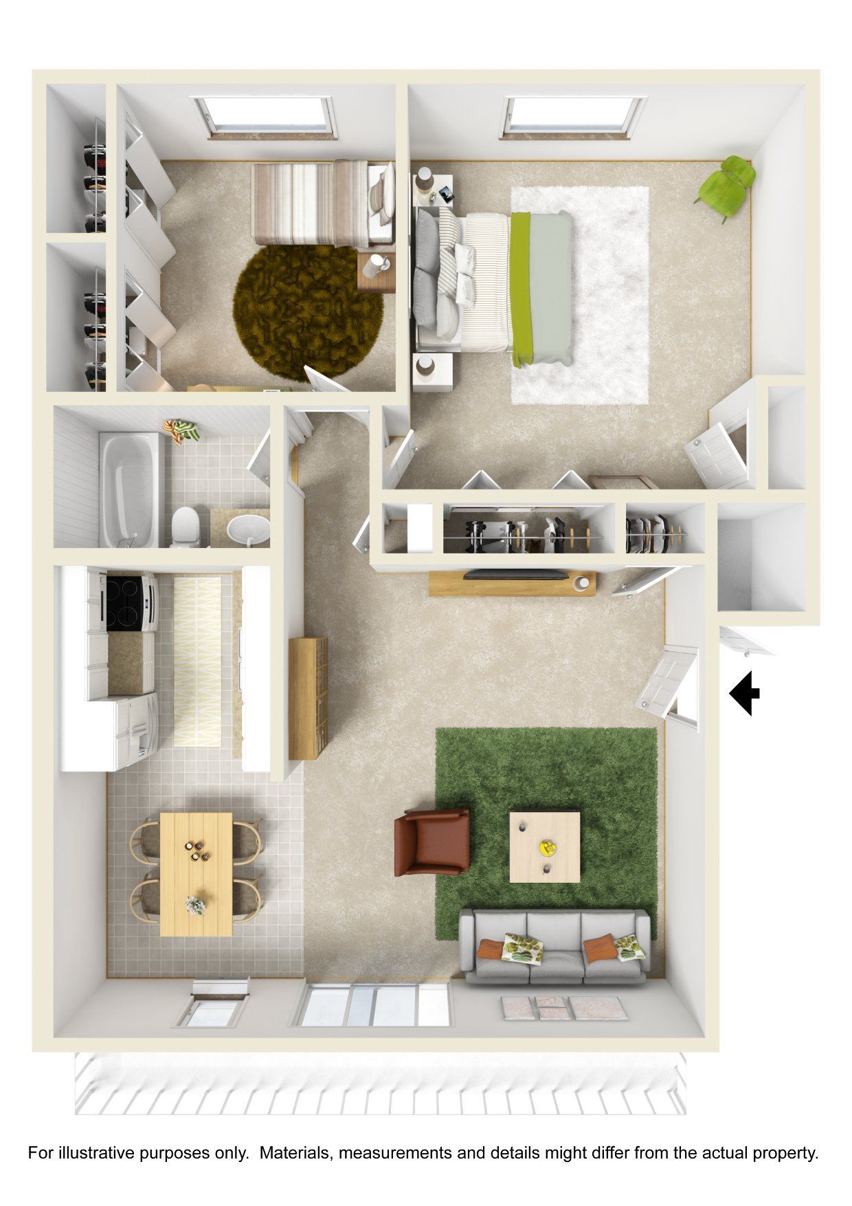 A 3d floor plan of a small apartment with a bedroom , living room , dining room , and bathroom.