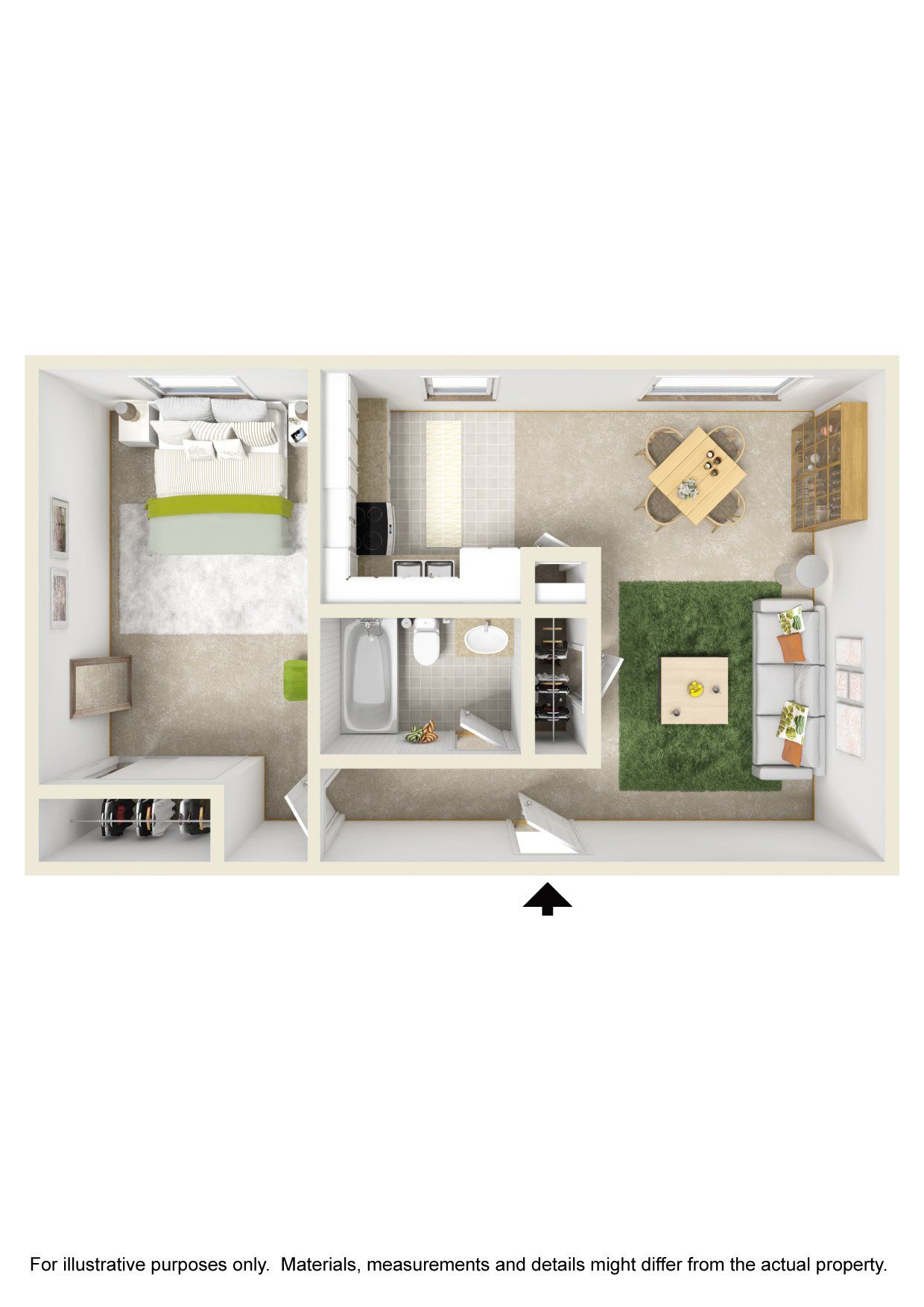An aerial view of a floor plan of a small apartment.