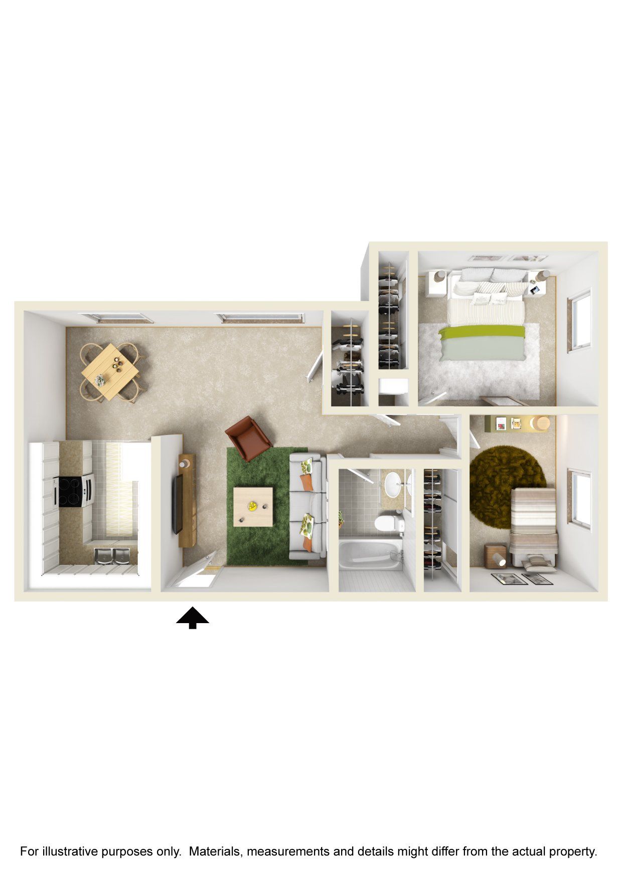 A 3d floor plan of a small apartment with a living room , bedroom , and bathroom.