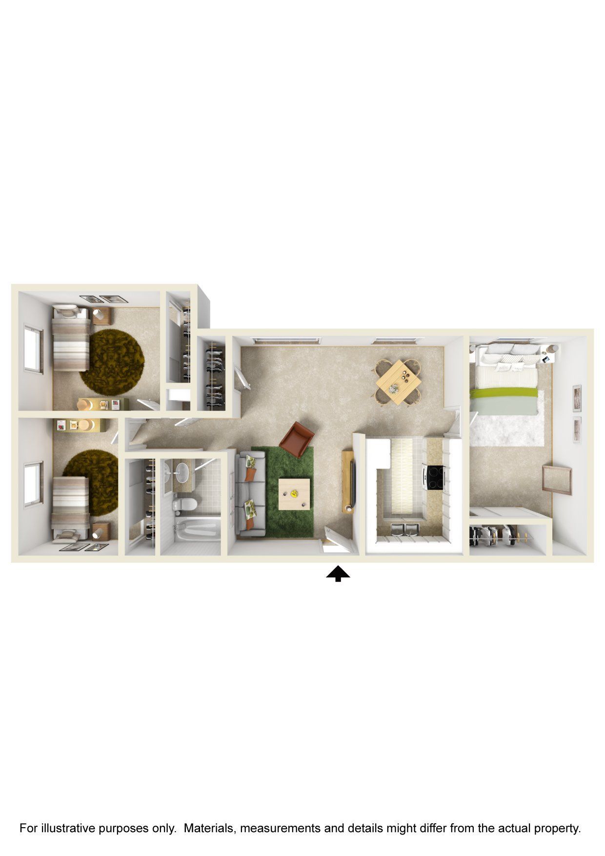 A 3d floor plan of a house with two bedrooms and a living room.