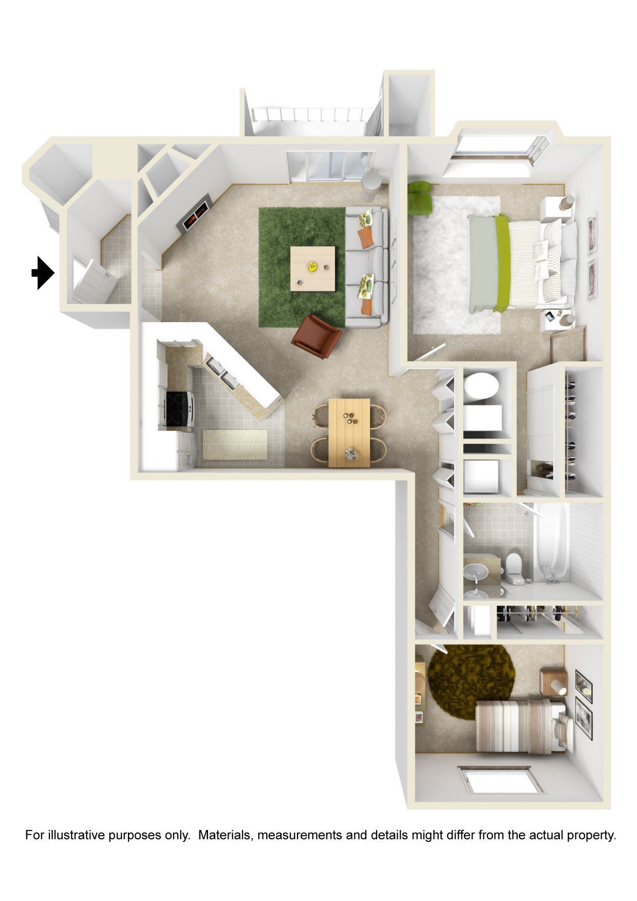 A 3d floor plan of a house with a bedroom , living room , dining room , and bathroom.