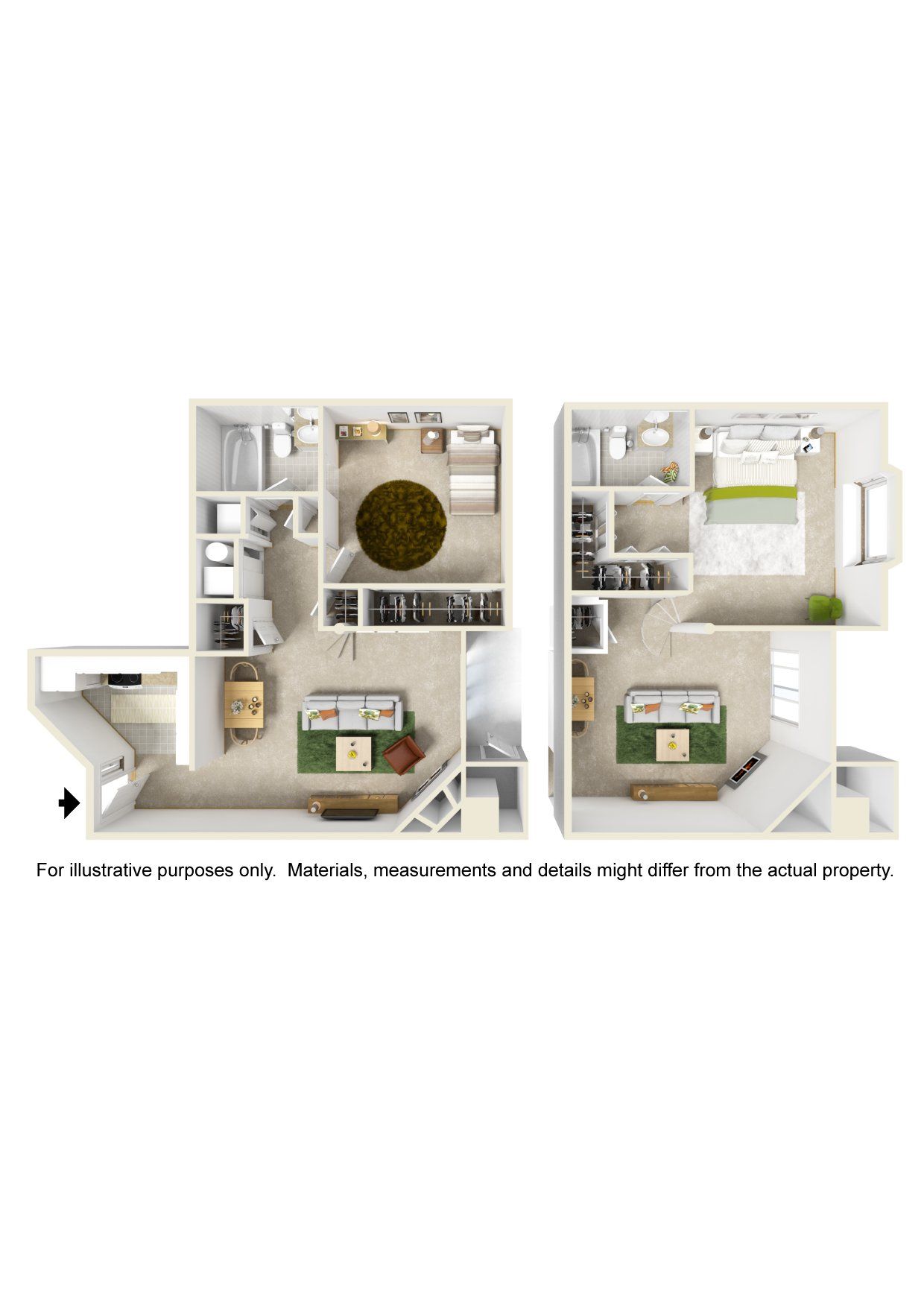 A 3d floor plan of a house with two bedrooms and a bathroom.