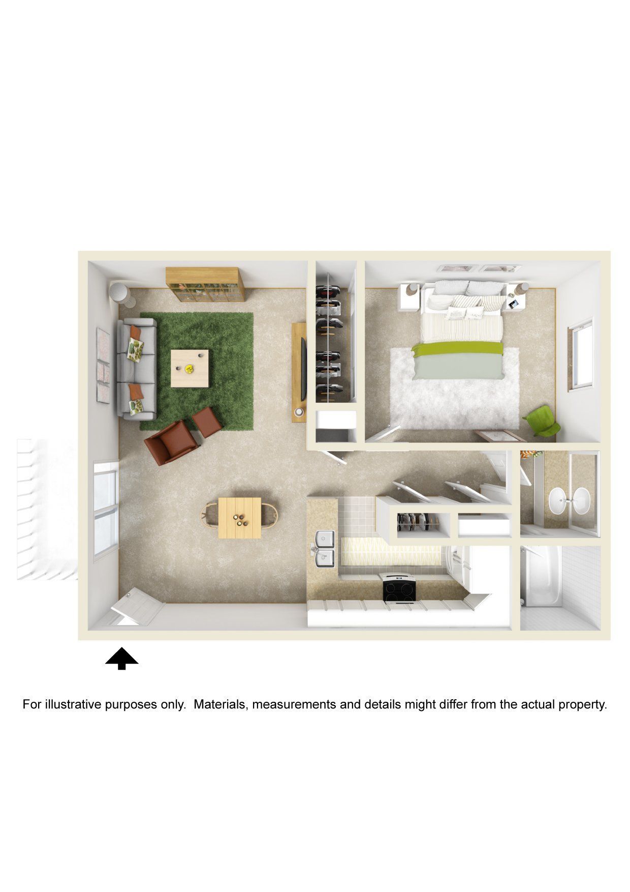 A 3d floor plan of a small apartment with a bedroom , living room , and kitchen.