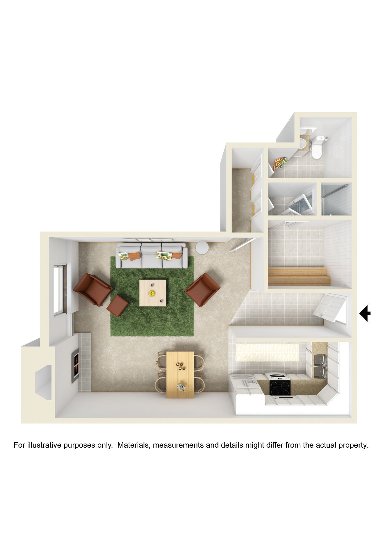 A floor plan of a house with a living room , dining room , and kitchen.