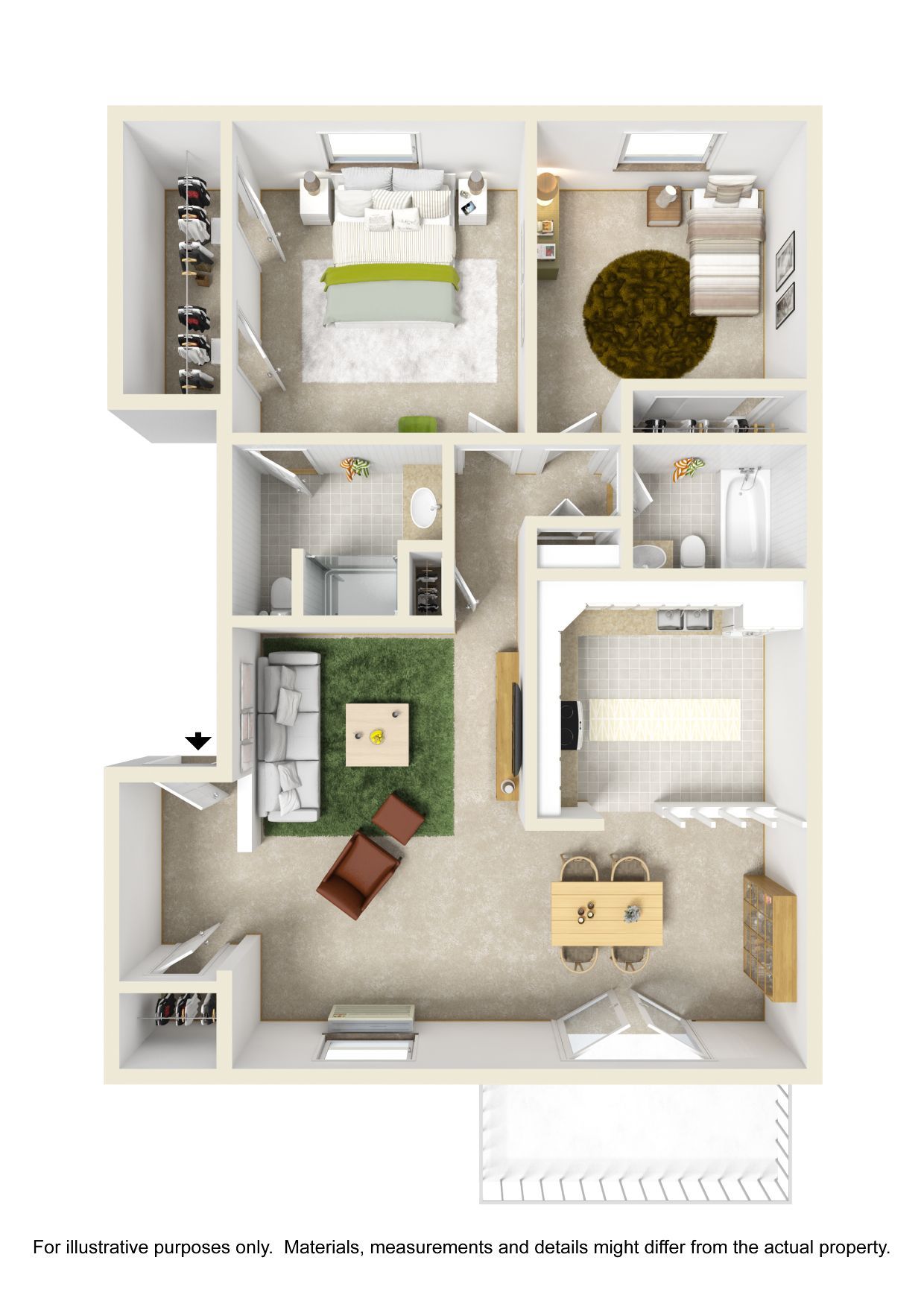 A 3d floor plan of a house with a bedroom , living room , dining room , and bathroom.