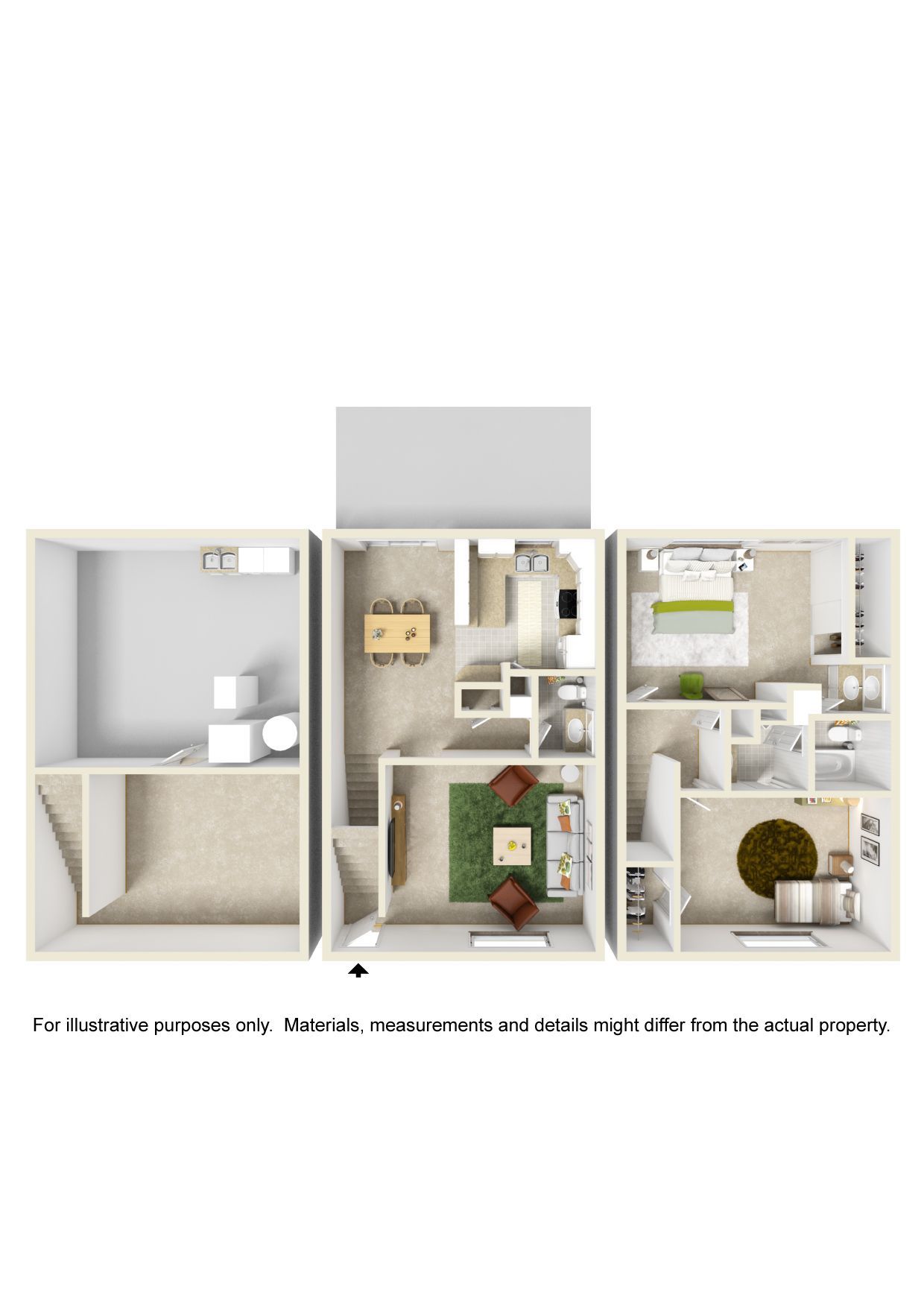 A 3d floor plan of a house with a lot of furniture.