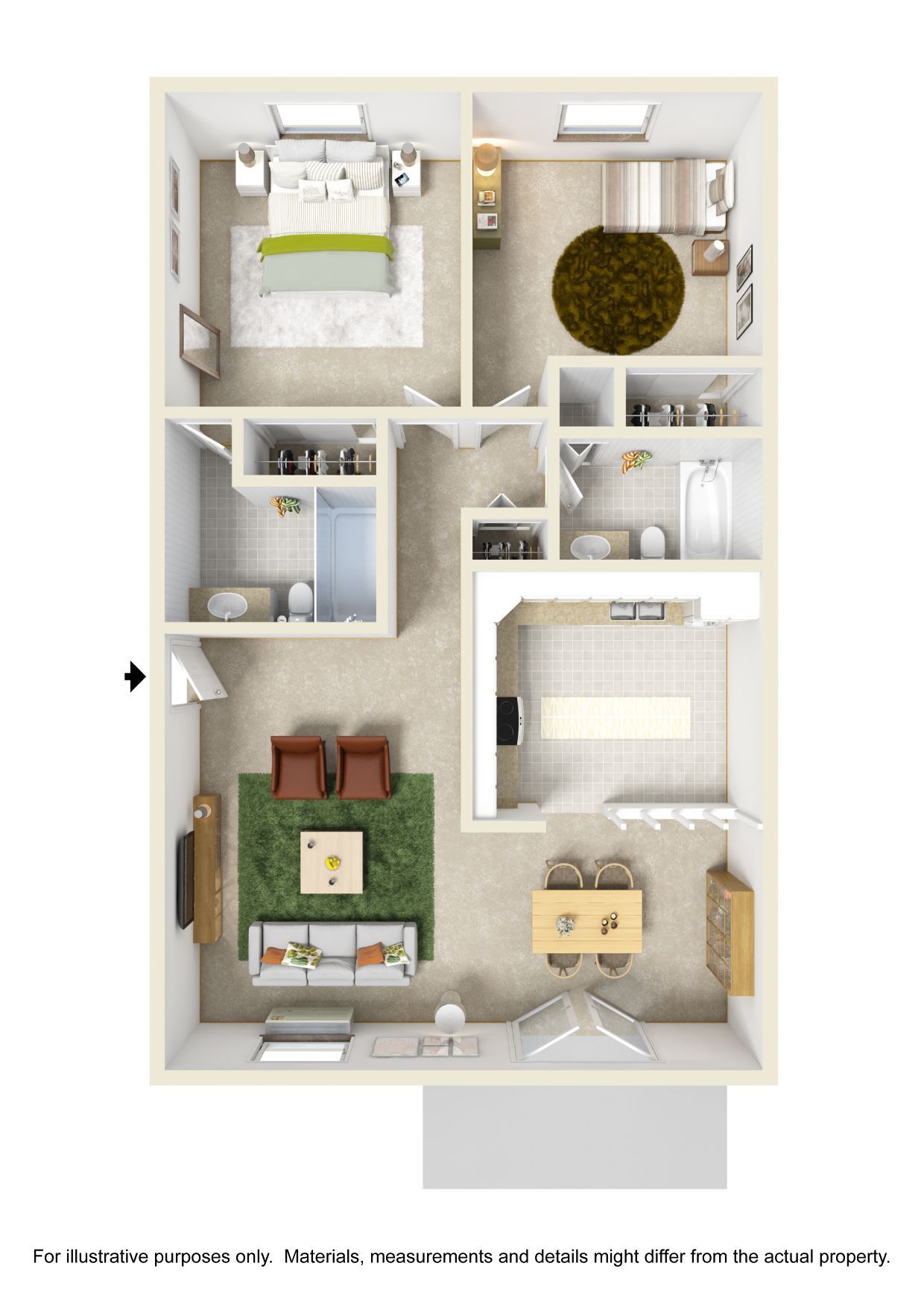 A 3d floor plan of a house with a bedroom , living room , dining room , and bathroom.