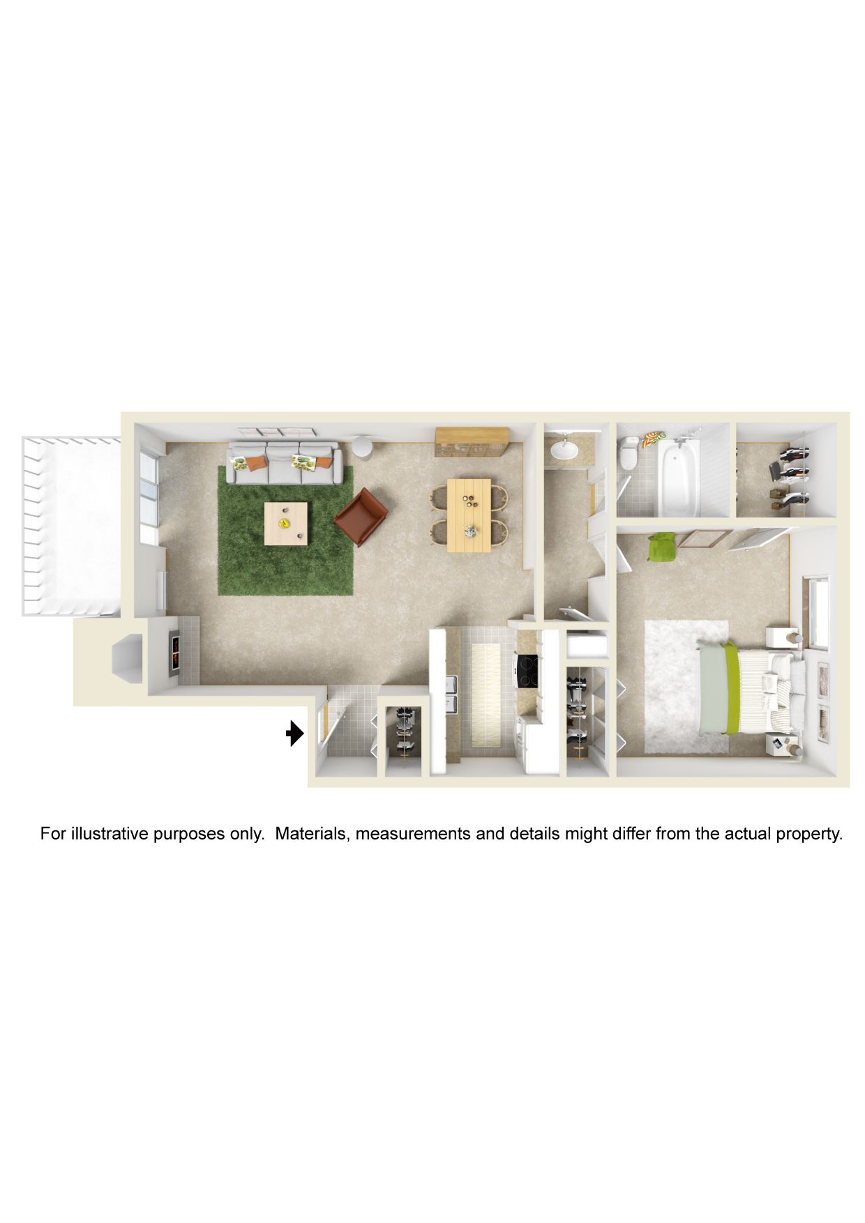 A 3d floor plan of a small apartment with a couch , table , chairs , and a balcony.