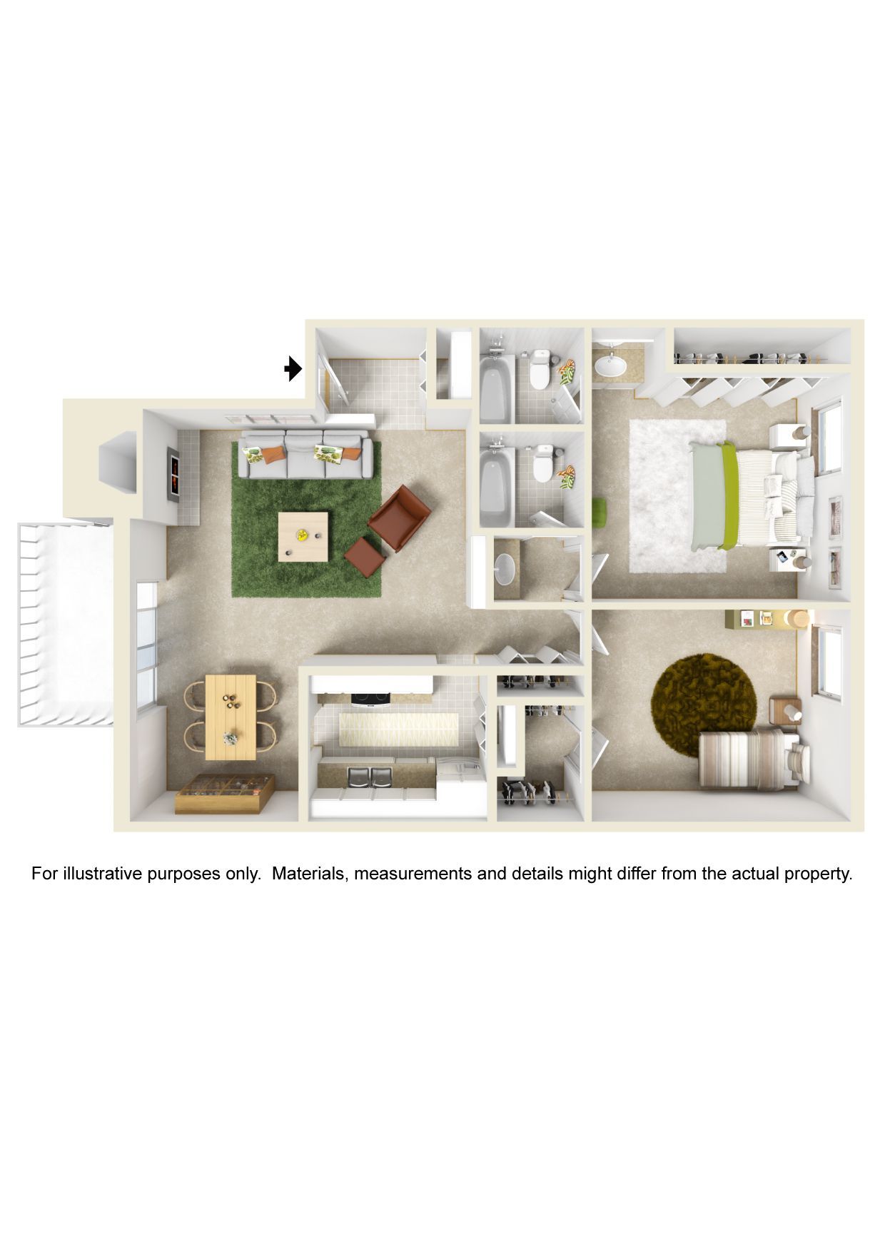 A 3d floor plan of a house with a bedroom , living room , dining room , and bathroom.