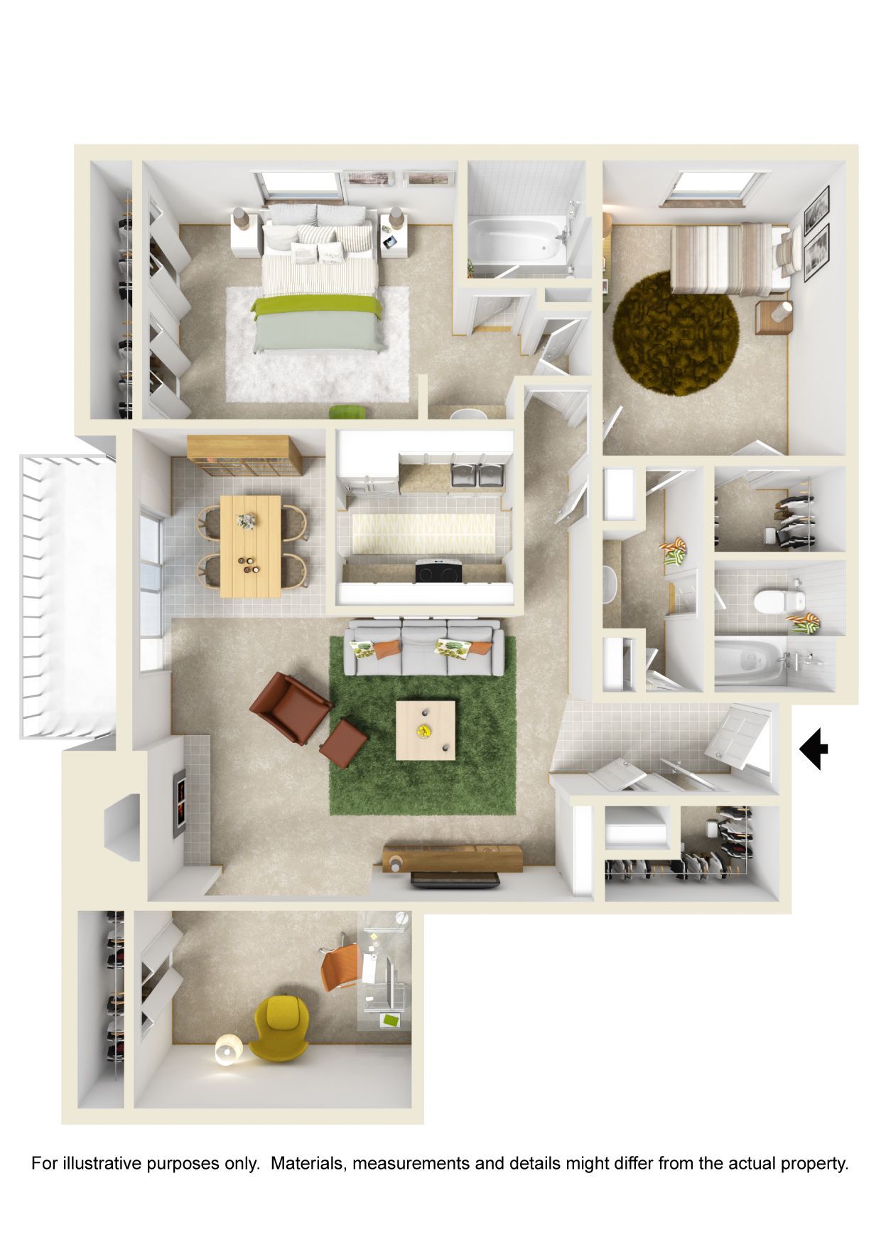 A 3d floor plan of a house with a living room , bedroom , and kitchen.