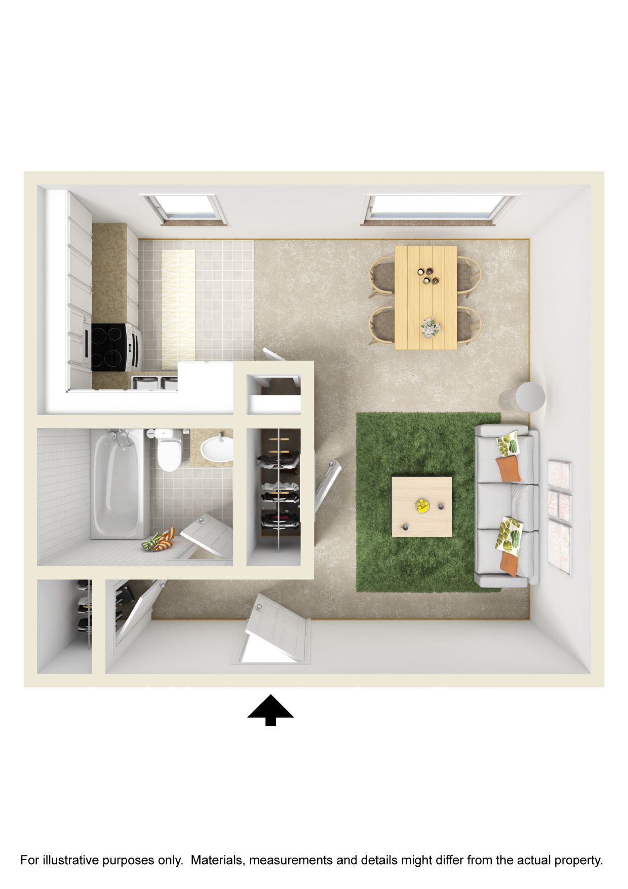 A floor plan of a small apartment with a dining room , living room , and kitchen.