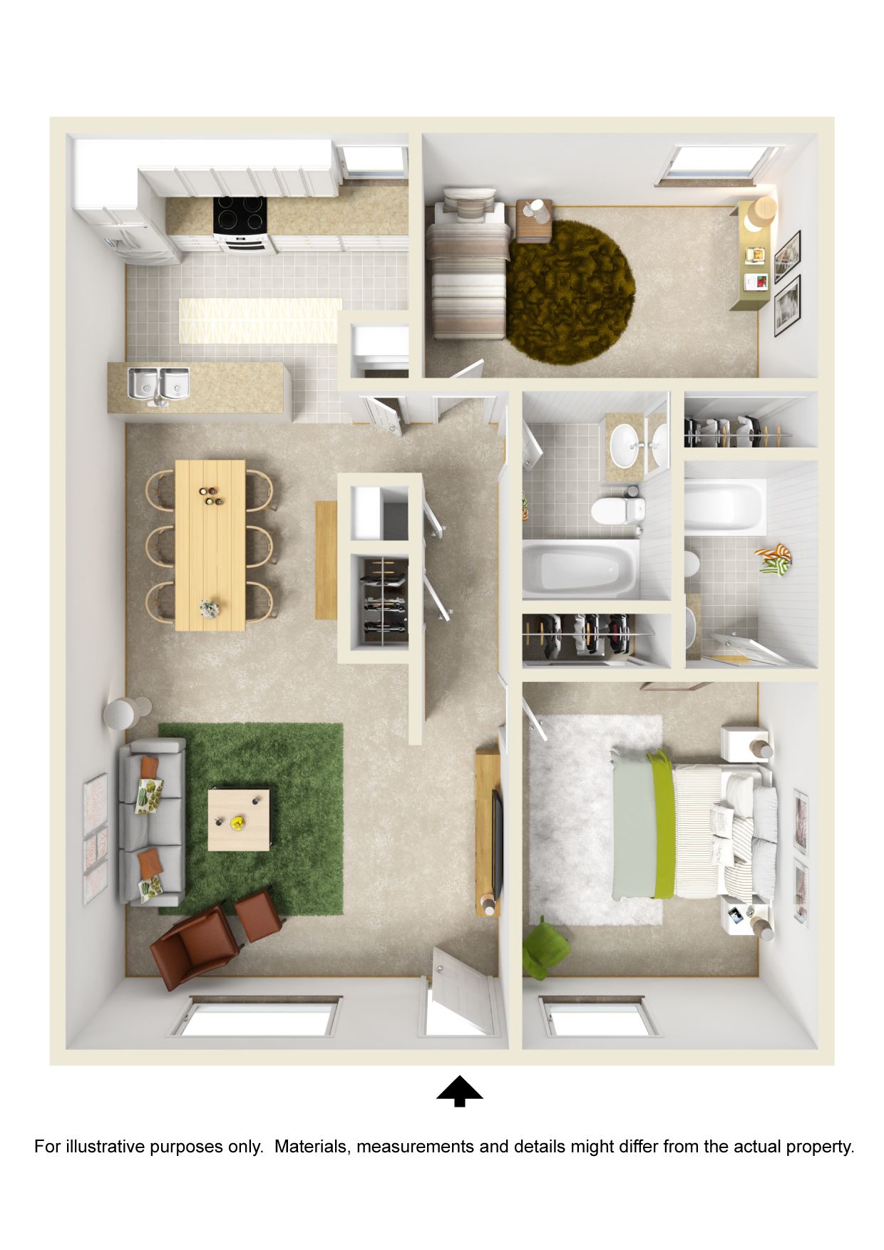 A 3d floor plan of a house with a bedroom , living room , dining room , and bathroom.
