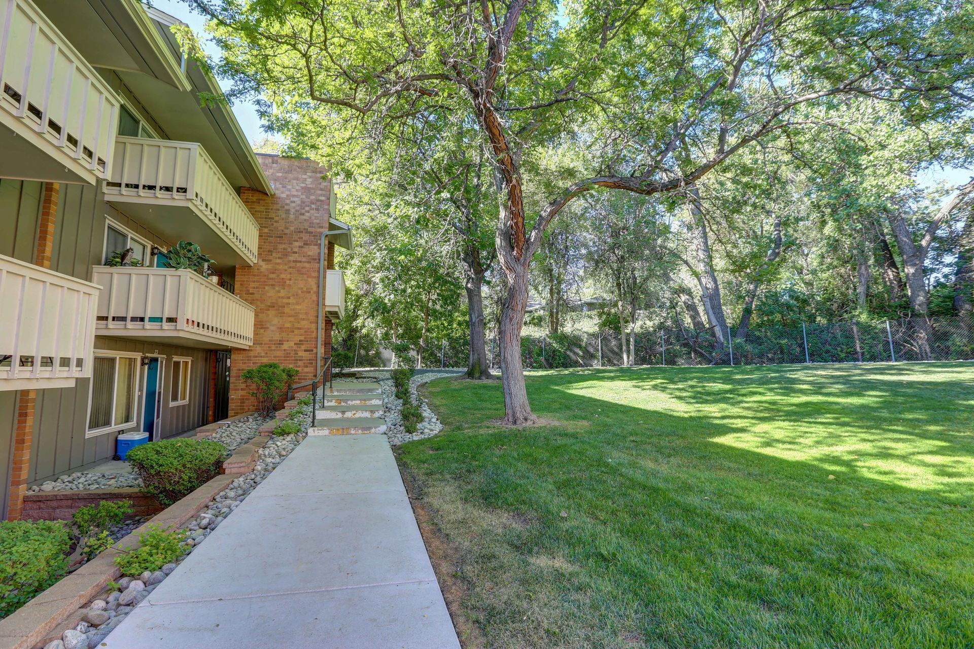 A concrete walkway leading to a building with a lush green lawn in front of it.