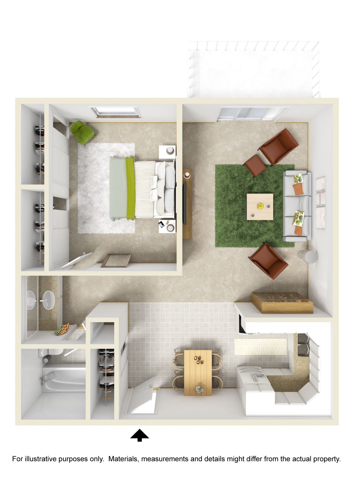 A 3d floor plan of a small apartment with a bedroom , living room , and dining room.