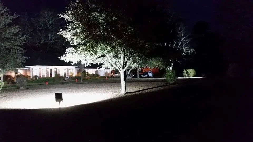 A house is lit up at night with a tree in the foreground.
