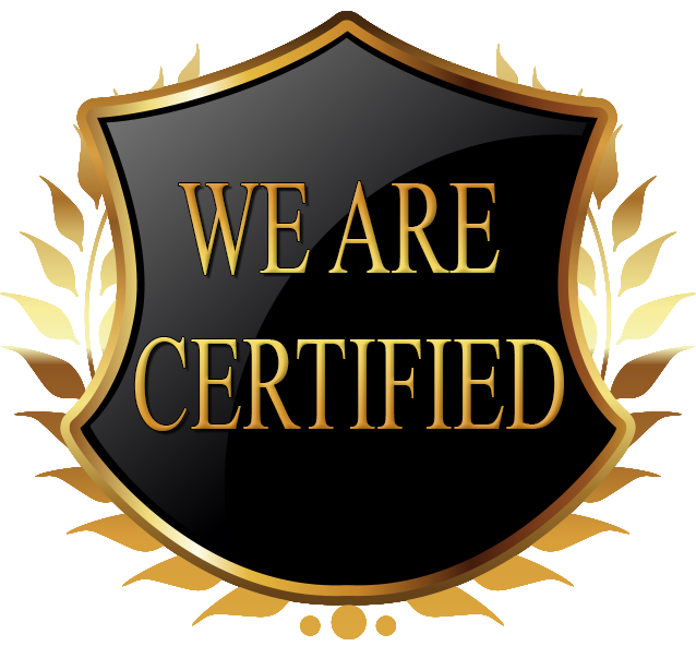 A black and gold shield that says we are certified