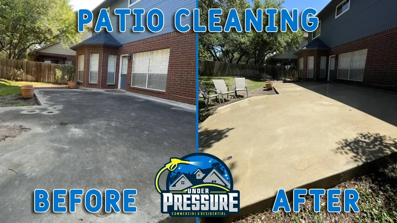 Before and after patio cleaning: dirty black patio transforms into a clean, light-colored surface.