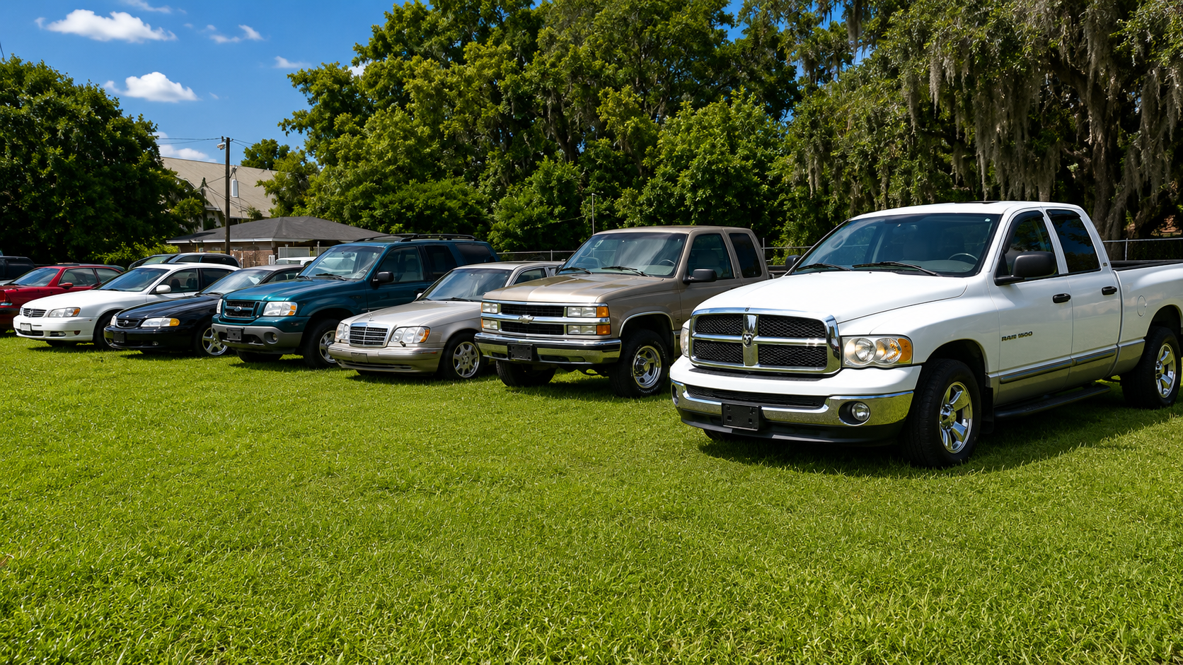Row of parked pickup trucks on a grassy lot under a blue sky