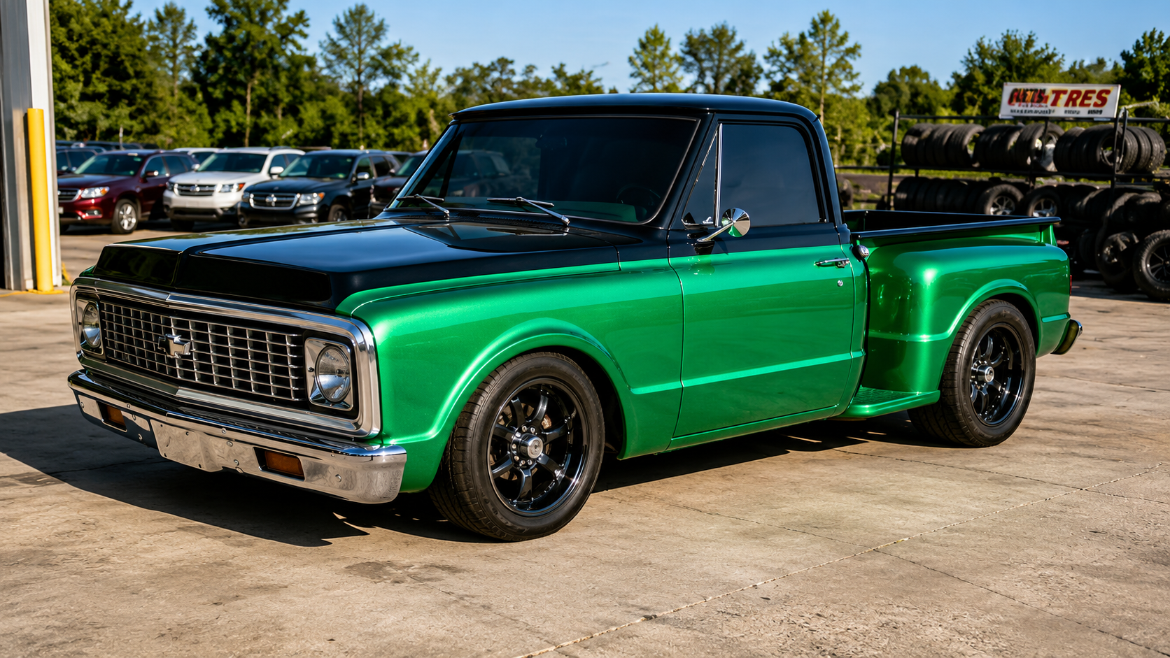 Green vintage pickup truck parked outdoors on a sunny lot