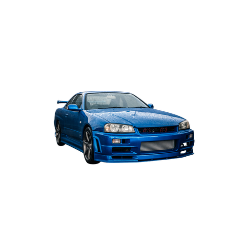 Blue sports car on a white background, angled front view
